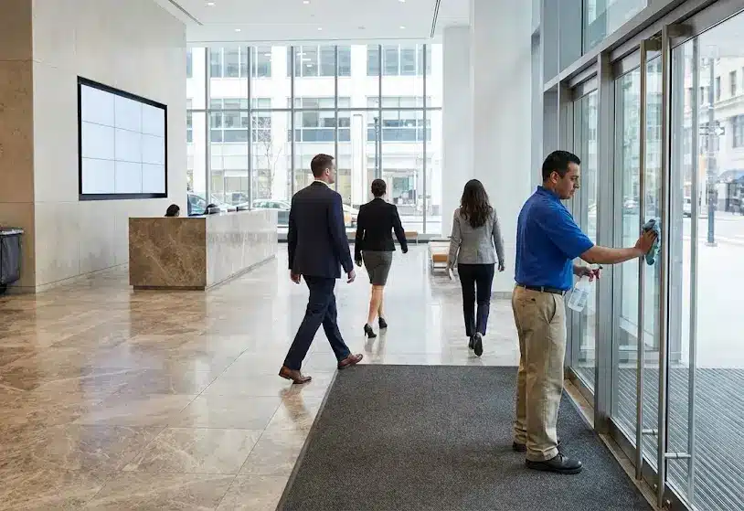 A professional day porter wiping down a high-touch surface in a modern office lobby during business hours to ensure a clean facility environment.