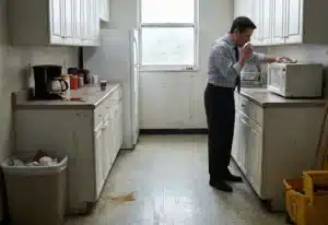 A facility manager performing a walkthrough inspection of a commercial building hallway to identify cleaning issues and prevent costly wear and tear.